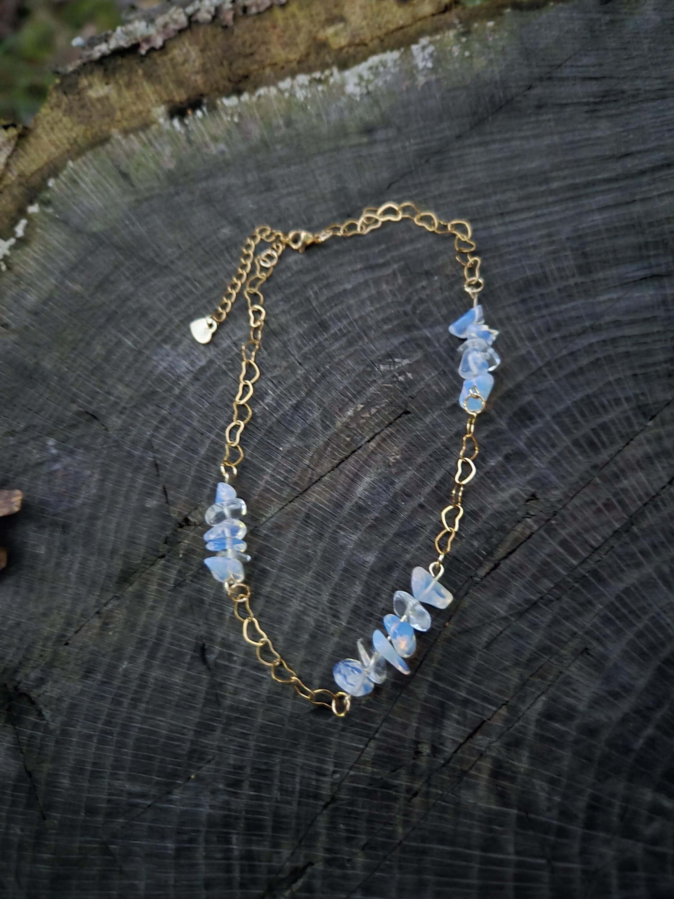 Opal & Gold Choker Necklace: 18k Gold Plated Crystal Fairycore Gothic Heart Chain - Thumbnail 2