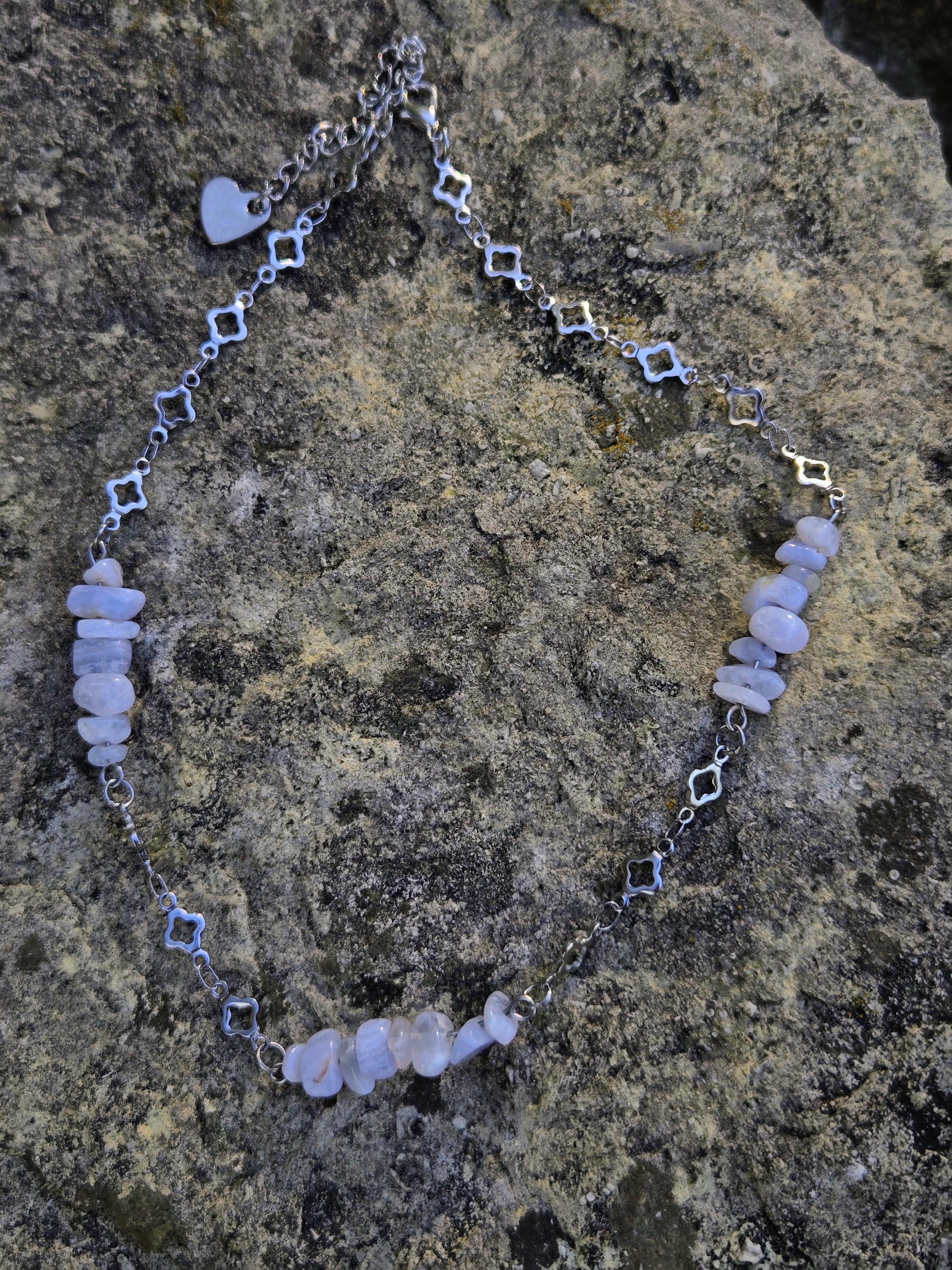 Blue Lace Agate and Stainless Steel Choker: Adjustable Clover Crystal Choker Necklace - Thumbnail 4