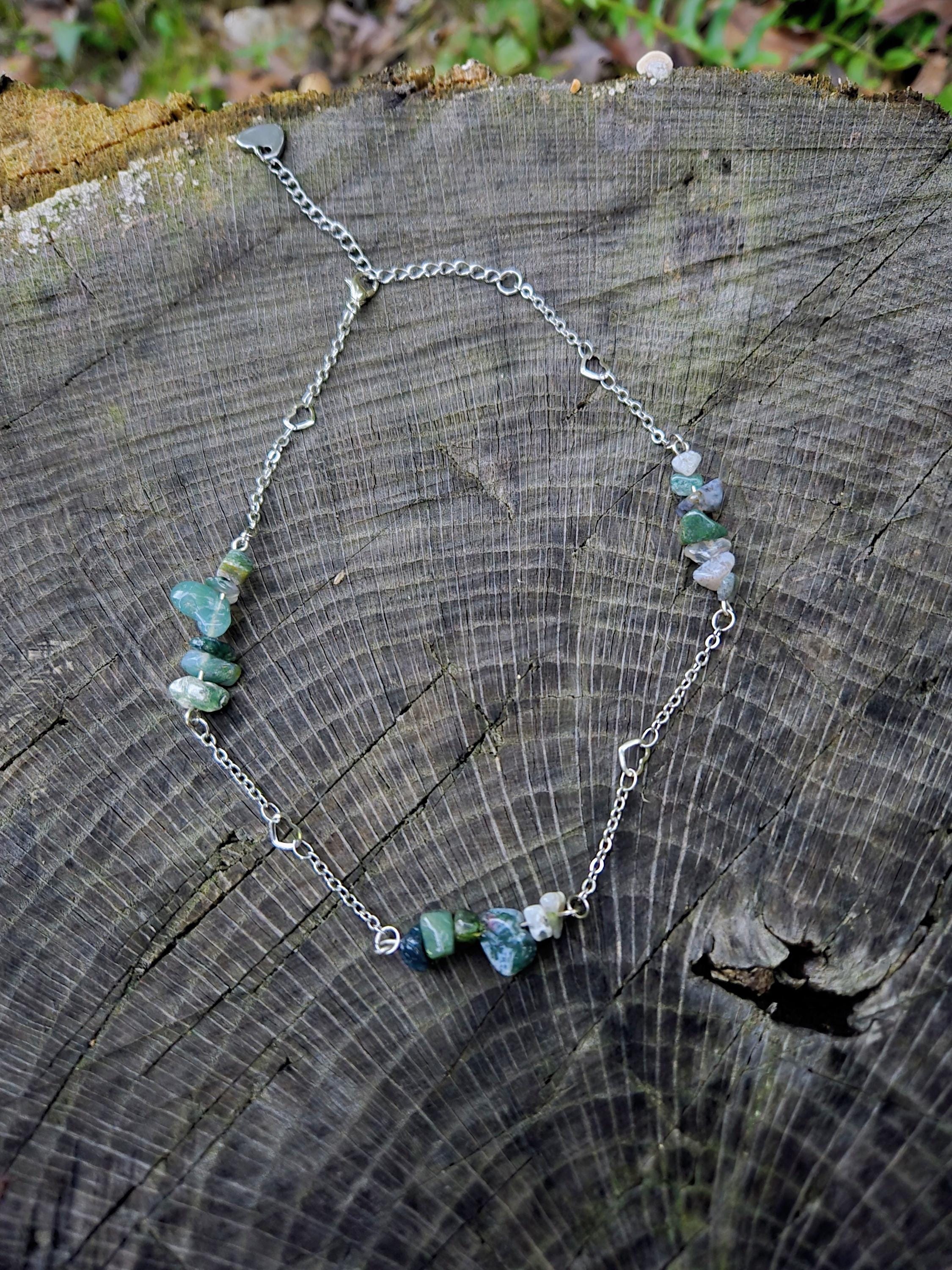 Moss Agate Choker and Stainless Steel Necklace: Adjustable Chain - Thumbnail 2