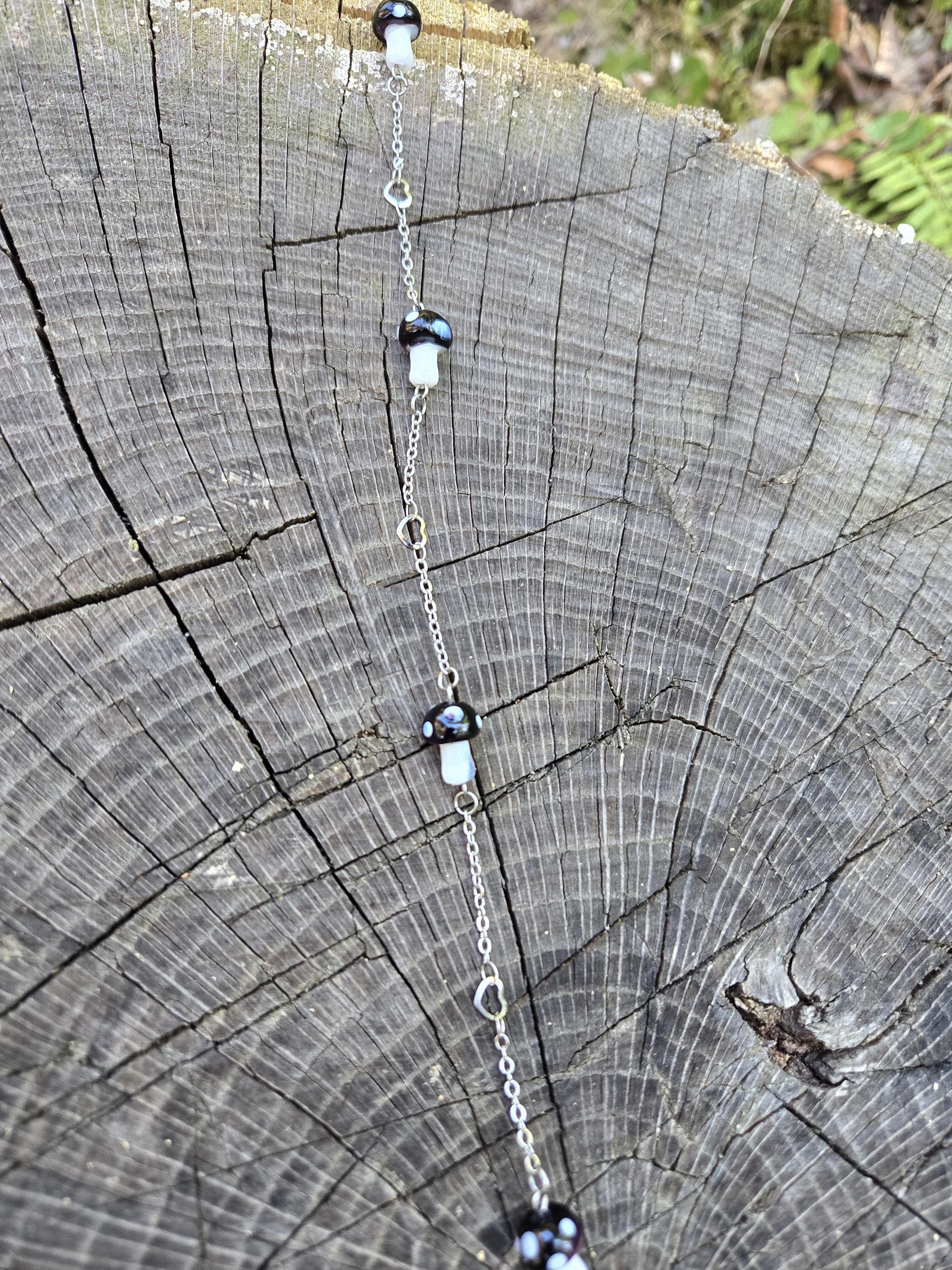 Black Mushroom Choker Necklace: Crystal Heart, Stainless Steel Chain - Thumbnail 5