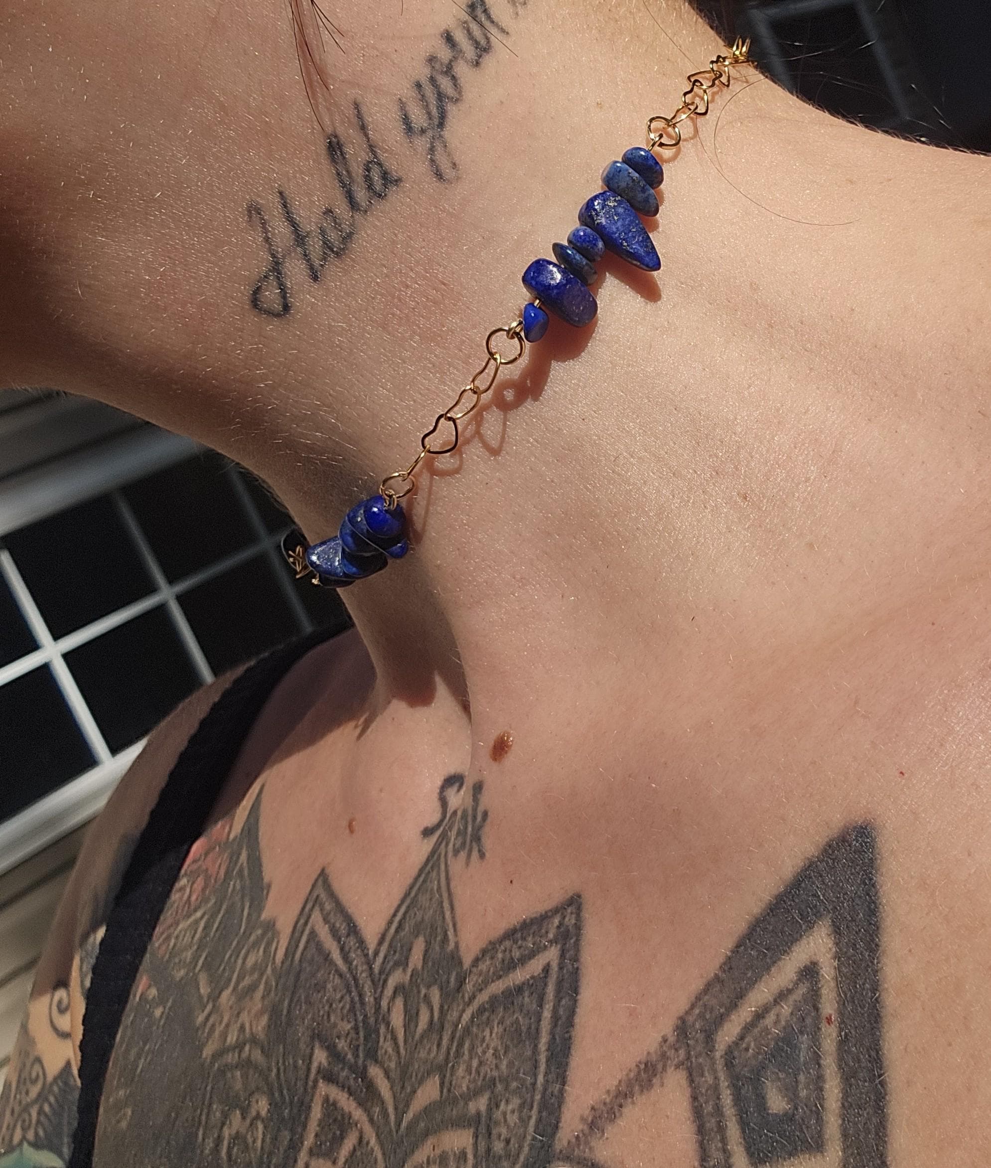 Lapis Lazuli and Gold Choker Necklace: 18k Gold Heart Chain, Adjustable Fairycore Gothic Gift - Thumbnail 2