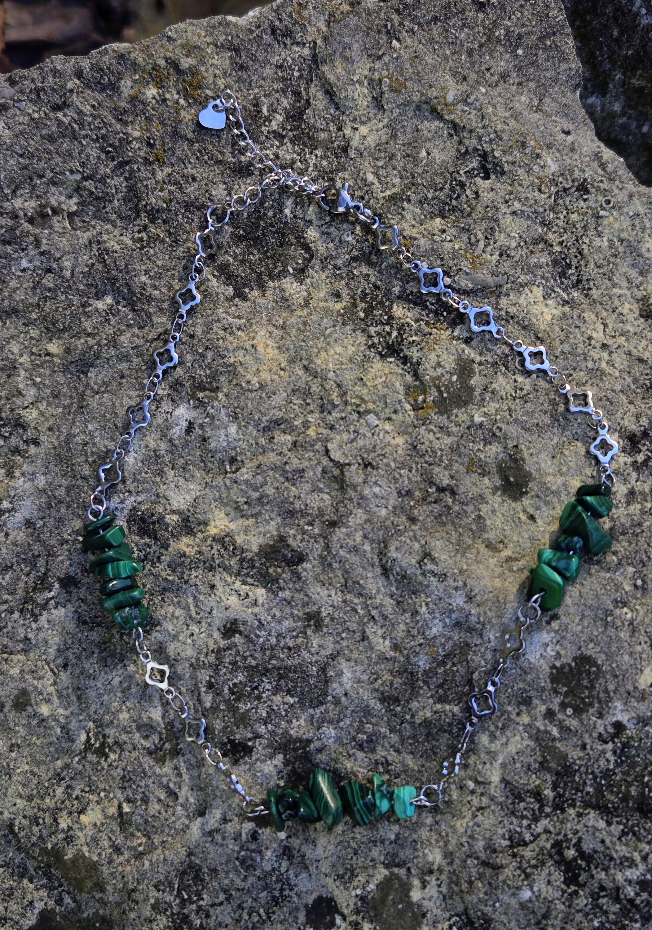 Malachite and Steel Choker Necklace: Clover and Crystal Adjustable Crystal Chain - Thumbnail 4