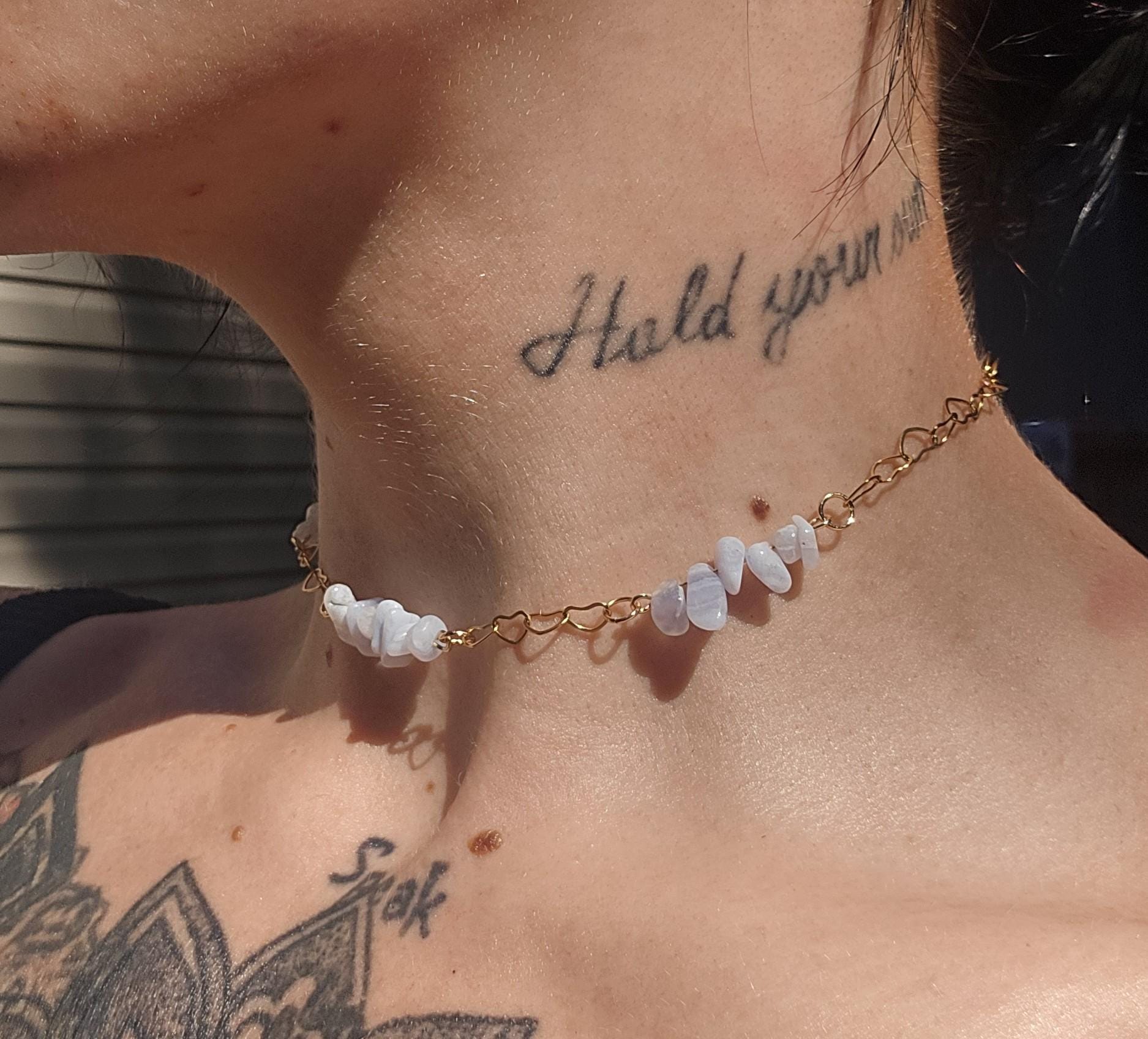 Blue Lace Agate and 18k Gold Heart Choker Necklace: Adjustable Crystal Chain, - Thumbnail 2