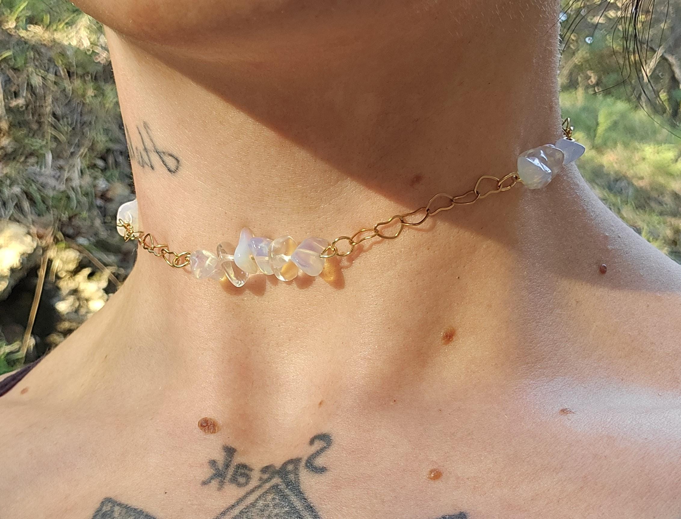 Opal & Gold Choker Necklace: 18k Gold Plated Crystal Fairycore Gothic Heart Chain - Image 1
