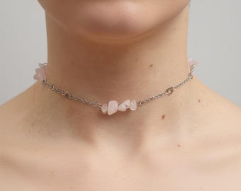 Rosenquarz und Stahl verstellbarer Kristall Choker, Fairycore, Goth Choker, Boho, Heilstein Choker für Schutz, spirituelles Geschenk