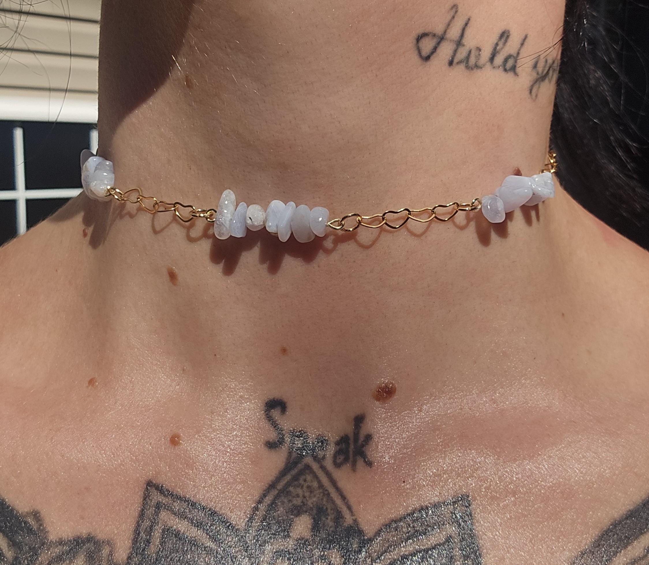 Blue Lace Agate and 18k Gold Heart Choker Necklace: Adjustable Crystal Chain, - Thumbnail 5
