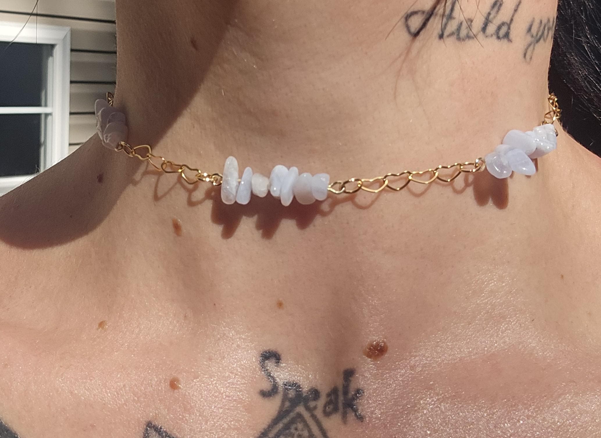 Blue Lace Agate and 18k Gold Heart Choker Necklace: Adjustable Crystal Chain,