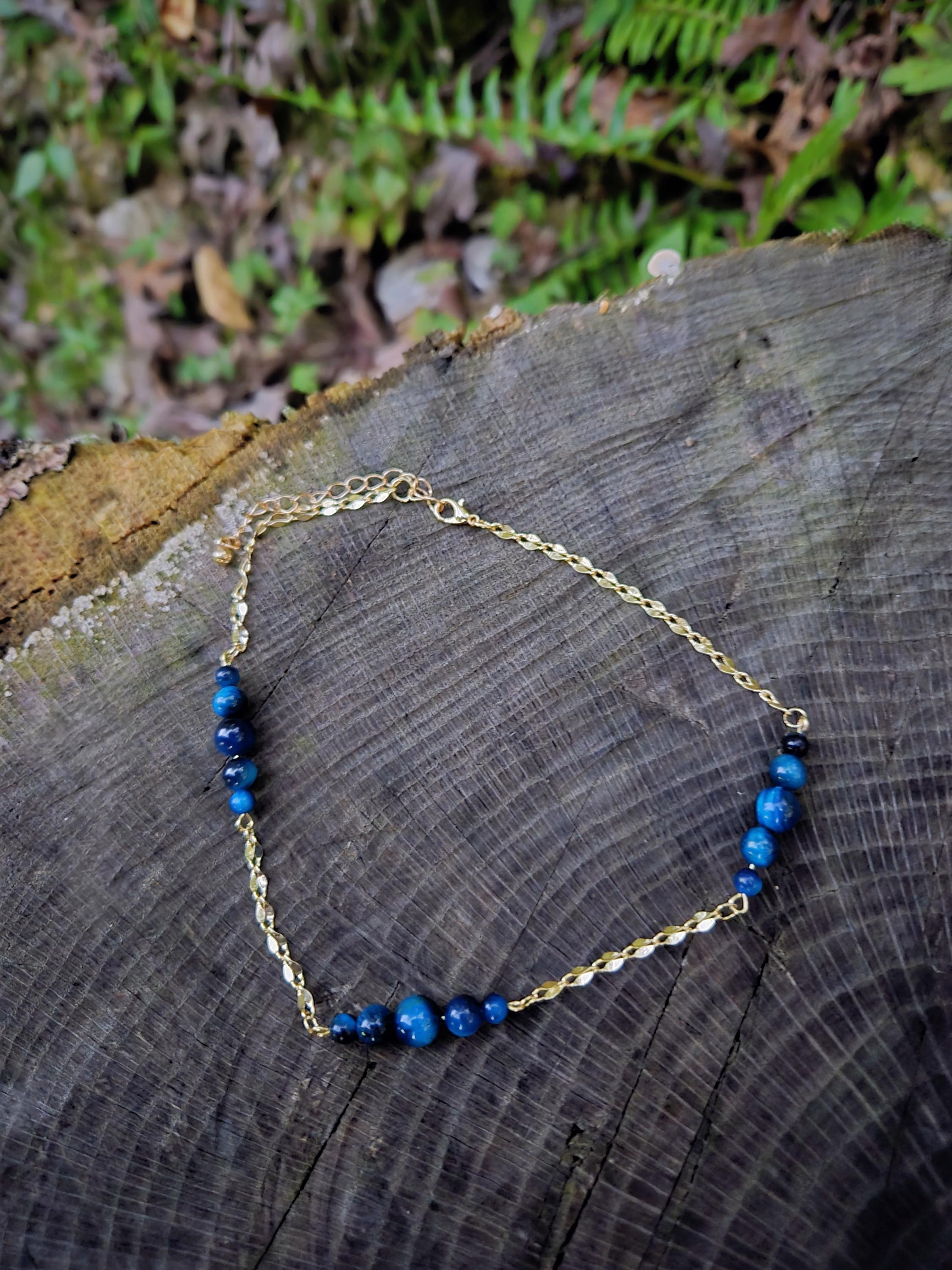 Blue Tiger's Eye and Gold Choker Necklace: 14k Gold Plated Crystal Chain - Thumbnail 2