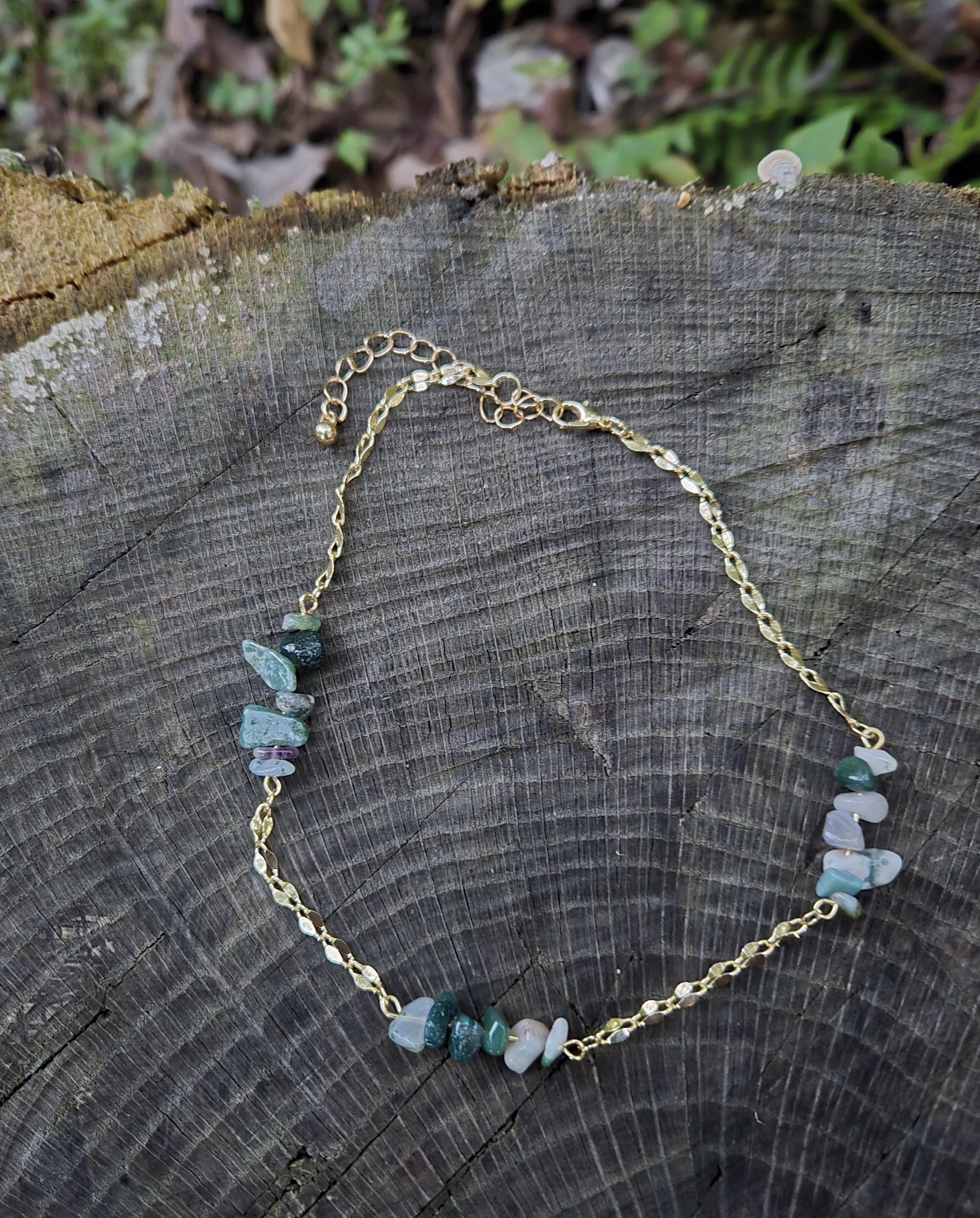 Moss Agate & 14k Gold Plated Choker: Crystal Fairycore Gothic Chain Necklace - Thumbnail 2