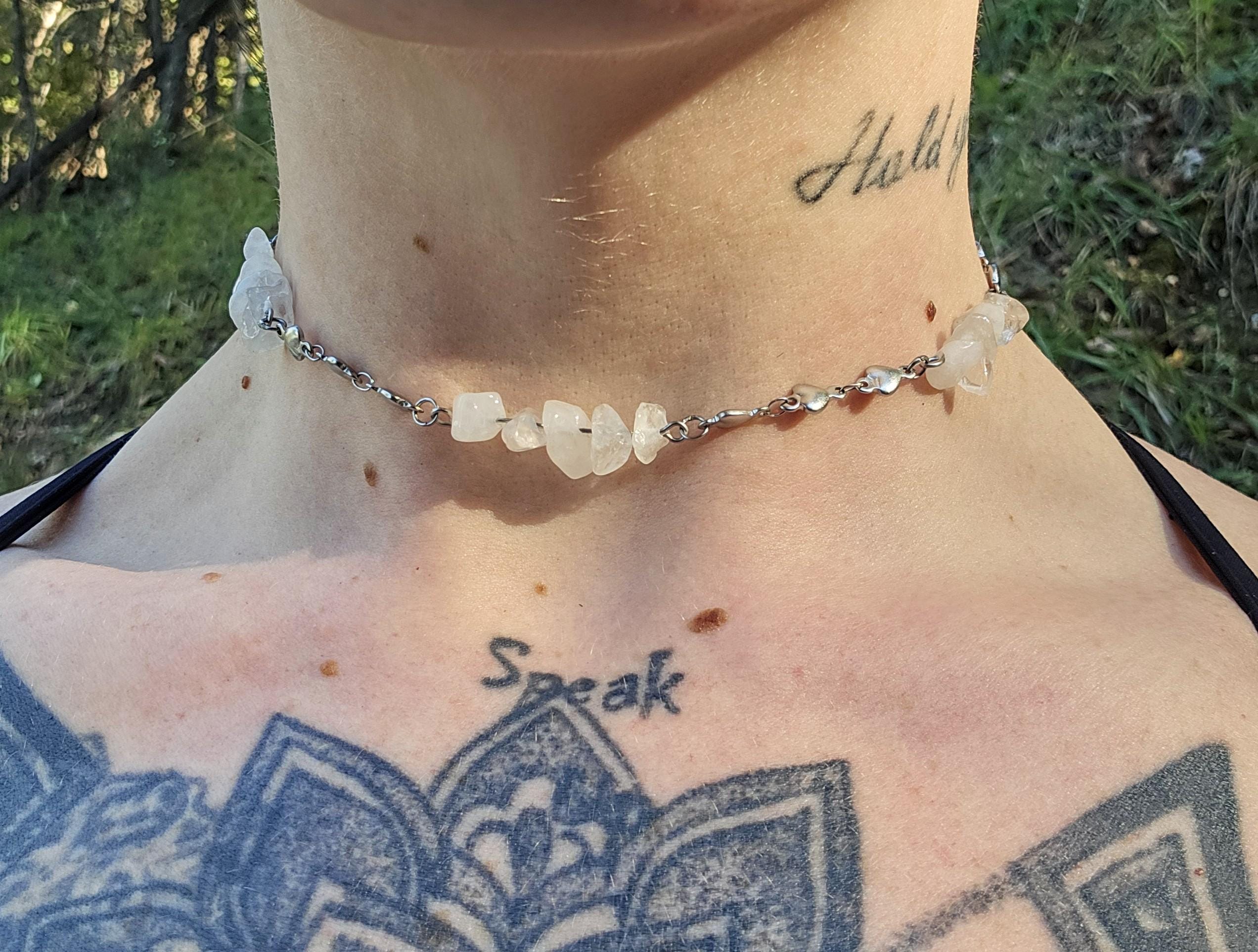 Quartz and Steel Choker Necklace: Queen of Hearts Dainty Crystal Gemstone Jewelry - Thumbnail 2