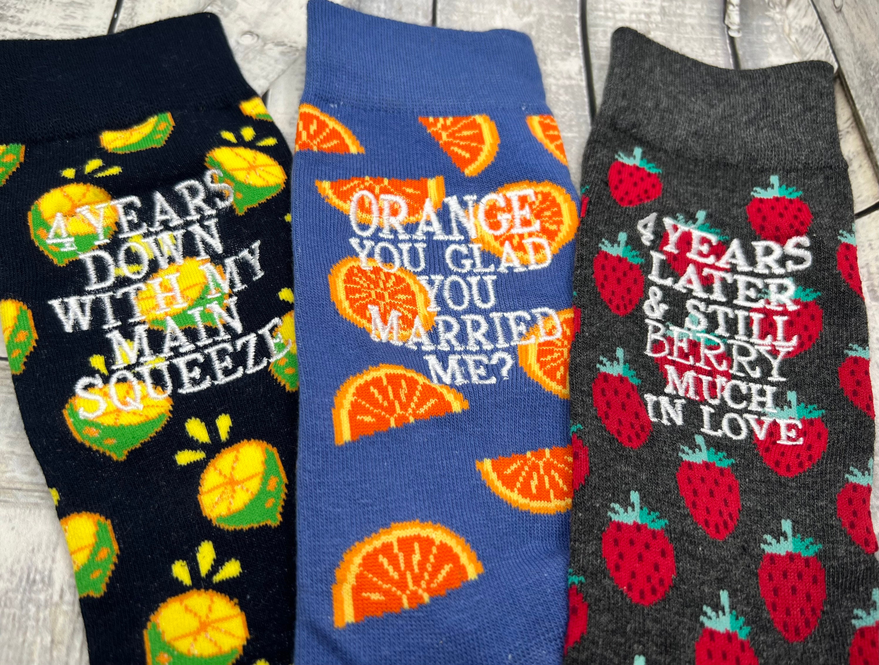 Personalized Fruit Anniversary Socks for Him, Embroidered 4th Anniversary Gift (3 Pair)
