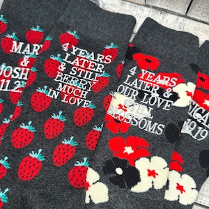 Personalized 4 Year Fruit & Flowers Anniversary Socks for Him, 4th Anniversary Gift, Custom Embroidered Socks for Hubby, Fruit Flower Gift