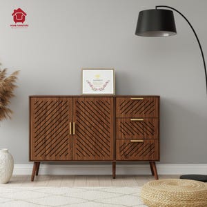 Modern Storage Cabinet with Drawers & Doors – Adjustable Shelves, Anti-Tip Design – Brown or Natural Wood