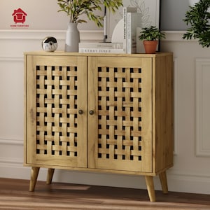 Rustic Wooden Storage Cabinet: Basket Weave Doors, Adjustable Shelves