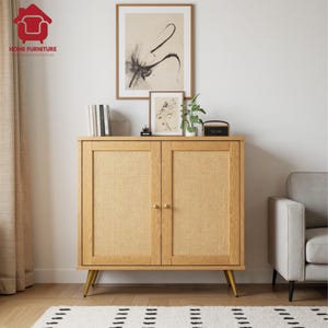 Rattan Accent Cabinet | Coastal Entryway Storage | Natural Wood Credenza with Metal Legs | Modern Farmhouse Sideboard