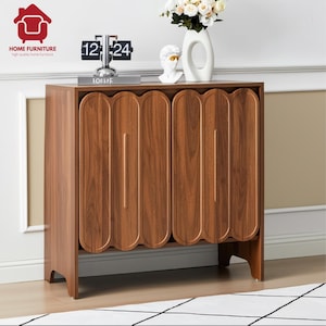 Mid Century Wave Panel Cabinet - Elegant Walnut Storage Unit for Living Room & Entryway