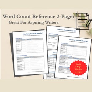 May include: A collection of printed pages with the title "Word Count Reference 2-Pager Great For Aspiring Writers." The pages contain tables and text, with a red sticker that says "Useful 2-Pager With Use examples."