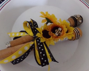 Textile Spool Decor, Bee Decor,  Tiered Tray Bee Decor, Bee Theme Decor