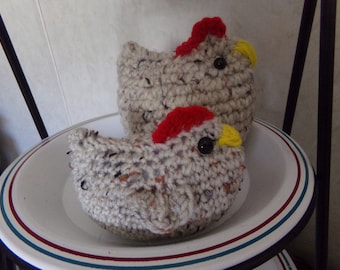 Plush Chickens, tiered tray chickens, crocheted chickens, Hen and peeps, farmhouse decor