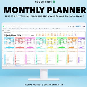 May include: A white computer monitor displays a colorful monthly planner for 2026. The screen shows a calendar layout with the text "Monthly Planner" and "Google Sheets." The image includes the text "Re-use," "Instant Download," and "Colorful & Fun Layout."