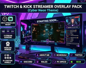 Twitch and Kick Streamer Overlay Complete Package Service | Animated Starting Soon BRB Screens Webcam Frame Chat Boxes and Channel Panels