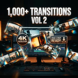 May include: A digital product display featuring the text 1,000+ TRANSITIONS VOL 2, 4K RESOLUTION, and DRAG & DROP READY. The image shows floating film strips with various scenes over a computer monitor displaying video editing software.