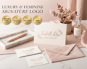 Luxury Gold and Feminine Signature Logo Design Service | Elegant Calligraphy Watercolor Chic Boutique Beauty Salon and Lash Artist Logo