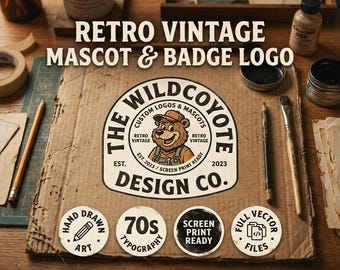 Retro Vintage Mascot and Badge Logo Design Service | Hand Drawn 70s 80s Typography Character Emblem for Apparel Coffee and Brewery