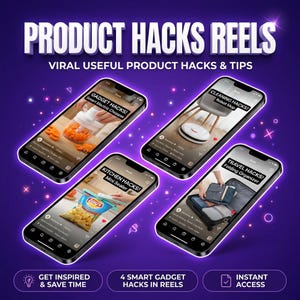 May include: Four smartphones display social media reels featuring product hacks. The screens show a white electric chopper, a robot mop, a mini bag sealer on a snack bag, and a folding travel organizer. Text reads PRODUCT HACKS REELS.