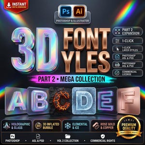 Op de afbeelding: Een digitaal grafisch ontwerppakket genaamd 3D FONT YLES PART 2 MEGA COLLECTION met holografische, opgeblazen, ijzige en metalen letterstijlen voor Photoshop en Illustrator, inclusief laagstijlen, ASL- en PSD-bestandsformaten.