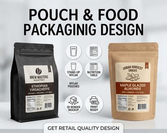 Pouch and Food Packaging Label Design Service | Custom Mylar Stand Up Pouch Coffee Bag Snacks and Nutrition Facts Table Layout Art
