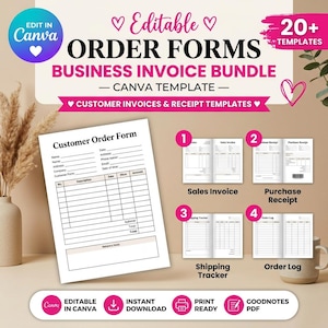 May include: A digital bundle of 20+ editable order forms and business invoice templates for Canva. Includes a customer order form, sales invoice, purchase receipt, shipping tracker, and order log. Features black text on white paper layouts.
