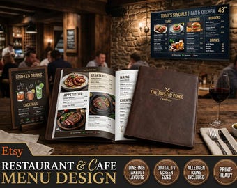 Restaurant Cafe and Bar Food Menu Design Service | Dine In Menu Tri Fold Takeout Menu Cocktail Drinks and Digital TV Screen Menu Board