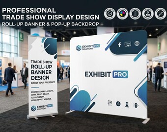 Trade Show Roll Up Banner and Pop Up Display Design Service | Retractable Exhibition Stand Step and Repeat Media Backdrop Signage