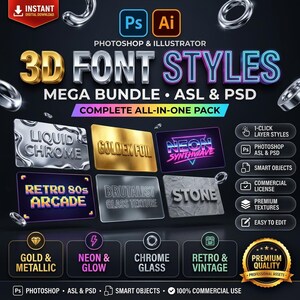 3D Font Styles & Text Effects PSD Bundle | Retro Chrome Metallic Glossy Neon 80s 90s Typography Photoshop Layer Styles Vol 1