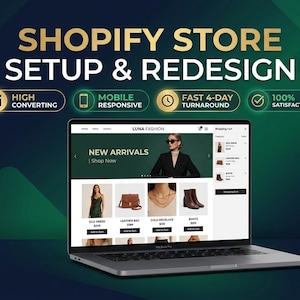 Pode incluir: Um portátil exibe uma loja Shopify chamada Luna Fashion com uma interface verde-escura e branca. O ecrã mostra listagens de produtos para um vestido de seda, mala de pele, colar de ouro e botas. Texto acima: Shopify Store Setup & Redesign.