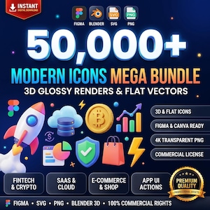 May include: A digital asset bundle titled 50,000+ Modern Icons Mega Bundle featuring 3D glossy renders and flat vectors. Includes icons for fintech, crypto, SaaS, cloud, e-commerce, and app UI. Compatible with Figma, Blender, SVG, and PNG formats.