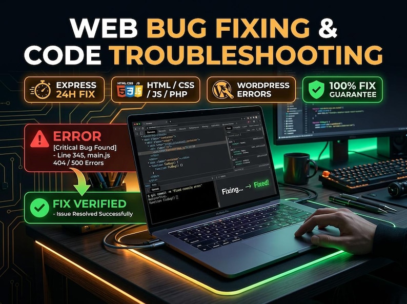 Webdevelopment bugfix- en probleemoplossingsservice | Snelle oplossing voor HTML, CSS, JavaScript, PHP, WordPress lay-out- en responsiviteitsfouten afbeelding 1