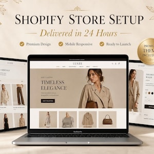May include: A laptop and two tablets displaying a Shopify store interface for a brand named Luxee. The screens show product listings, a hero banner with the text Timeless Elegance, and a gold badge stating Premium Theme Included.