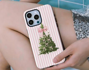 Christmas tree phone case, pink stripes with festive bow, compatible with iPhone 17/16/15/14/13/12/11 Pro Max, Samsung S25/S24/S23.