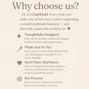 Pode incluir: Texto em fundo bege: "Por que nos escolher?" seguido de detalhes sobre a CaseVivid, destacando a qualidade artesanal, o design cuidadoso, os pedidos personalizados, uma pequena equipa e o servi&ccedil;o ao cliente.