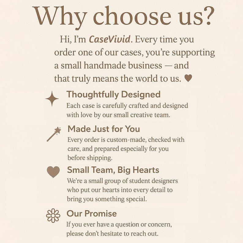 Pode incluir: Texto em fundo bege: "Por que nos escolher?" seguido de detalhes sobre a CaseVivid, destacando a qualidade artesanal, o design cuidadoso, os pedidos personalizados, uma pequena equipa e o servi&ccedil;o ao cliente.