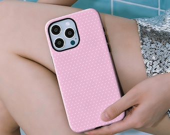 Pink polka dot phone case, Coquette style, compatible with iPhone 17/16/15/14/13/12 Plus Pro Max and Samsung S25/S24/S23/S22 Ultra.