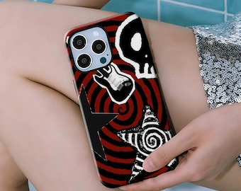 May include: A red and black phone case featuring a skull, guitar, and star designs. The case has a black border and a red and black spiral pattern. The case is designed for a smartphone with multiple camera lenses.