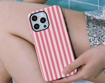 Bright pink striped iPhone case compatible with iPhone 17, 16, 15, 14, 13, 12, 11 Pro Max, Samsung Galaxy S23, S22, S21, and S20 Ultra.