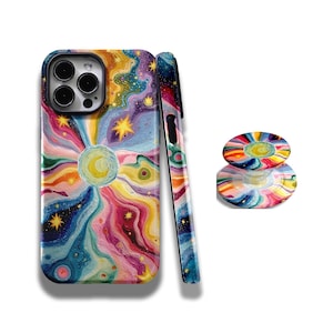 May include: A smartphone case and a matching circular phone grip featuring a vibrant, swirling abstract design. The pattern includes radiating waves of yellow, pink, blue, and purple, accented with small yellow stars and a central moon motif.