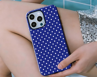 Navy blue polka dot phone case compatible with iPhone 17, 16, 15, 14, 13, 12, 11 Pro Max Plus and Samsung Galaxy S23, S22, S21, S20 Ultra.