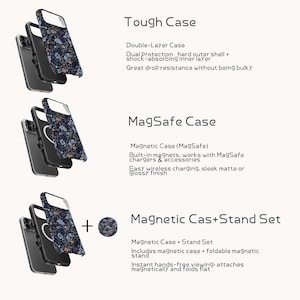 May include: Image showcasing three types of phone cases: a Tough Case, a MagSafe Case, and a Magnetic Case + Stand Set. The cases feature a dark floral pattern. Text describes each case's features, including drop resistance, magnetic charging, and a foldable stand.