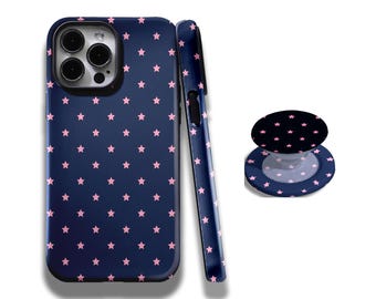Funda para teléfono azul marino con estrella rosa, bonito diseño de estrella, compatible con iPhone 17, 16, 15, 14, 13, 12, 11, Pro Max y Samsung Galaxy S25, S24, S23, S22, S21.