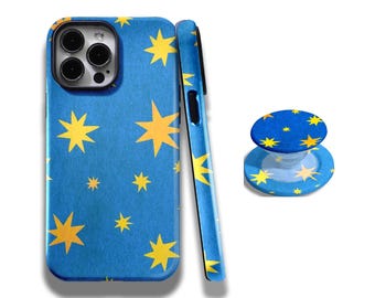 Navy blue star-patterned phone case, compatible with iPhone 17, 16, 15, 14, 13, 12, 11, Pro Max, and Samsung Galaxy S25, S24, S23, S22, S21.